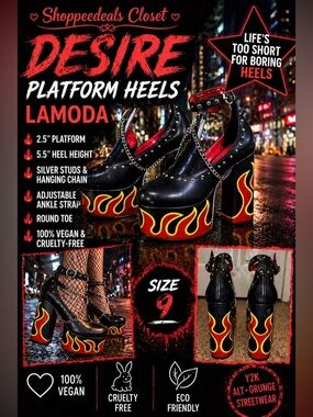 LAMODA Desire Platform Heels Flame Studded Chain Black Size 9